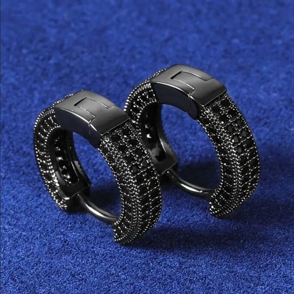 Mens 2ct Black Diamond Round Hoop Earrings Guys Rhodium Silver Jewelry Studs ct - Picture 5 of 9